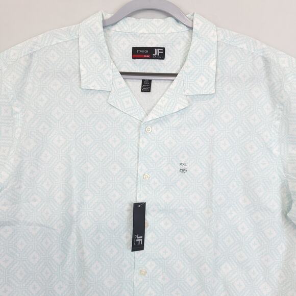 J. Ferrar Button Up Shirt Linen Blend Men XXL Slim Short Sleeve Geo White Blue - Picture 8 of 8
